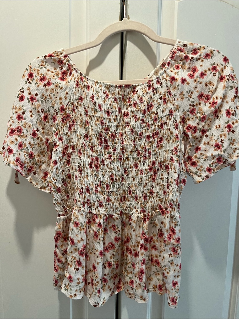 Persaya White Smocked Peplum Blouse with Pink & Brown Floral Print